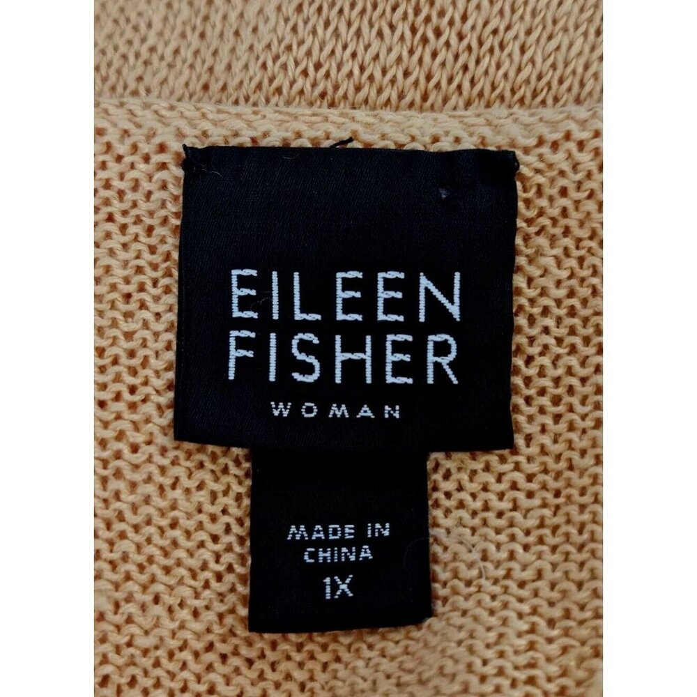 Eileen Fisher Orange Sherbet Sweater Top 100% Linen Beachy Henley Long Sleeves - Picture 6 of 7